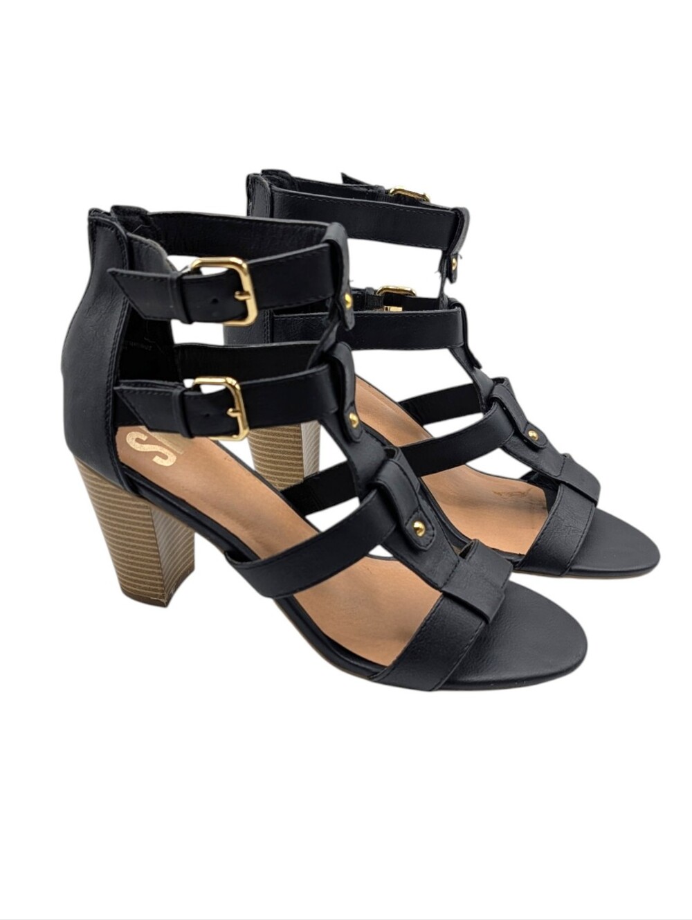 SM Steve Madden Pixie Gladiator Black Buckle Studs Heels 10